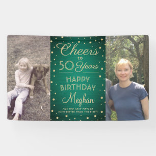 ANY Birthday Cheers Brushed Green and Gold 2 Photo Banner