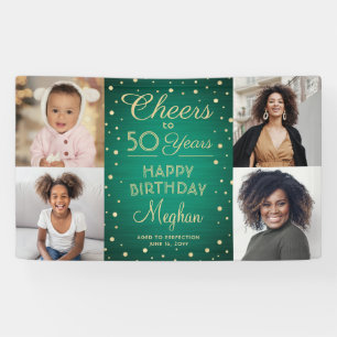 ANY Birthday Cheers Brushed Green and Gold 4 Photo Banner