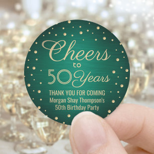 ANY Birthday Cheers Brushed Green & Gold Confetti Classic Round Sticker