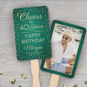 ANY Birthday Cheers Brushed Green & Gold Confetti Hand Fan