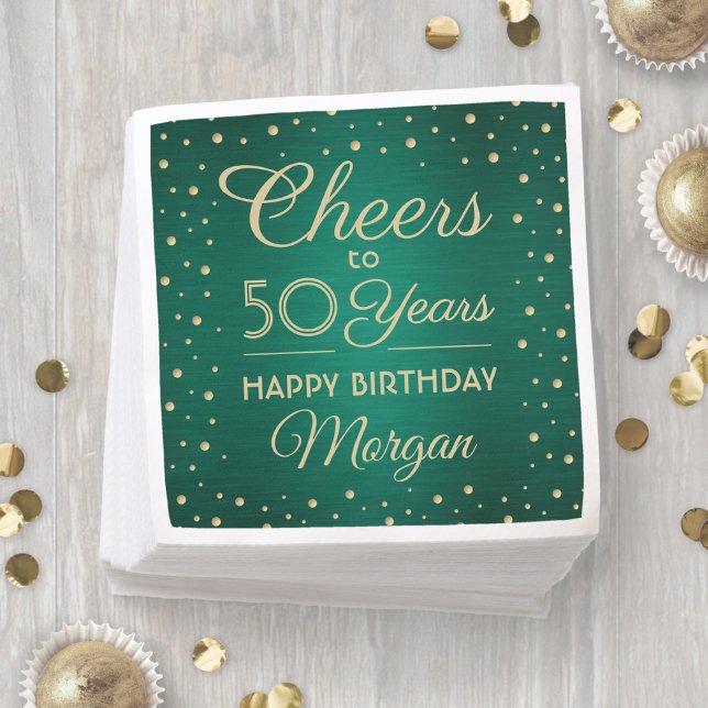 ANY Birthday Cheers Brushed Green & Gold Confetti Napkin (Creator Uploaded)