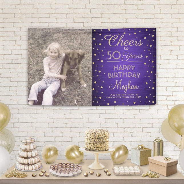 ANY Birthday Cheers Brushed Purple & Gold 1 Photo Banner (Creator Uploaded)