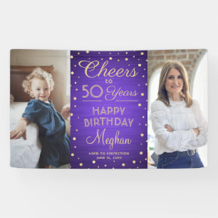 ANY Birthday Cheers Brushed Purple & Gold 2 Photo Banner
