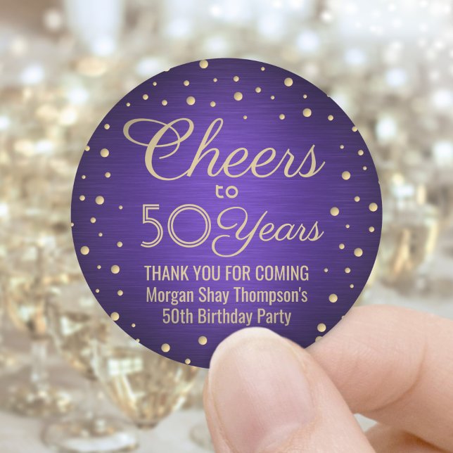 ANY Birthday Cheers Brushed Purple & Gold Confetti Classic Round Sticker (Creator Uploaded)