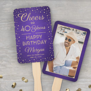 ANY Birthday Cheers Brushed Purple & Gold Confetti Hand Fan