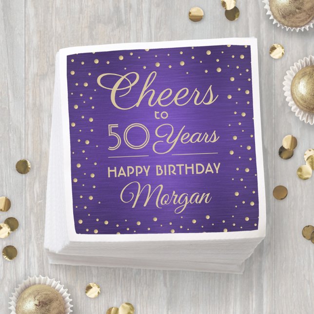 ANY Birthday Cheers Brushed Purple & Gold Confetti Napkin (Creator Uploaded)