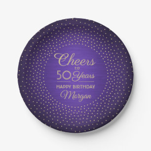ANY Birthday Cheers Brushed Purple & Gold Confetti Paper Plate