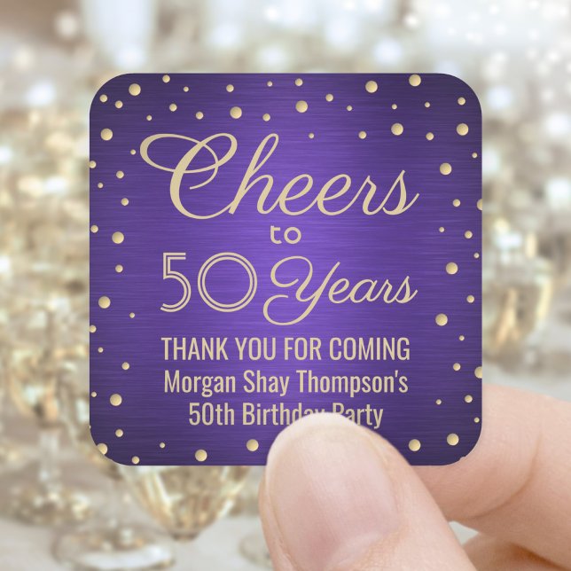 ANY Birthday Cheers Brushed Purple & Gold Confetti Square Sticker (Creator Uploaded)