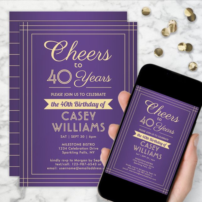 ANY Birthday Cheers Classic Border Purple and Gold Invitation (Creator Uploaded)