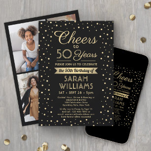 ANY Birthday Cheers Elegant Black & Gold Confetti Invitation