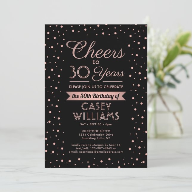 ANY Birthday Cheers Elegant Black & Pink Confetti Invitation (Standing Front)