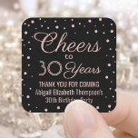 ANY Birthday Cheers Elegant Black & Pink Confetti Square Sticker<br><div class="desc">Add a personalised finishing touch to birthday party thank you notes or favours with custom black and pink square stickers / envelope seals. All text is simple to customise or delete. This template is set up for a 30th birthday for her, but can easily be changed to another year or...</div>