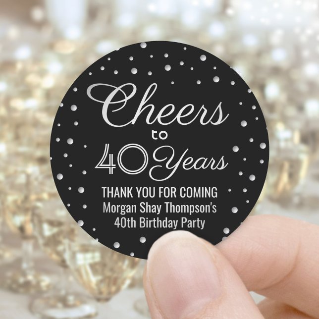ANY Birthday Cheers Elegant Black Silver Confetti Classic Round Sticker (Creator Uploaded)