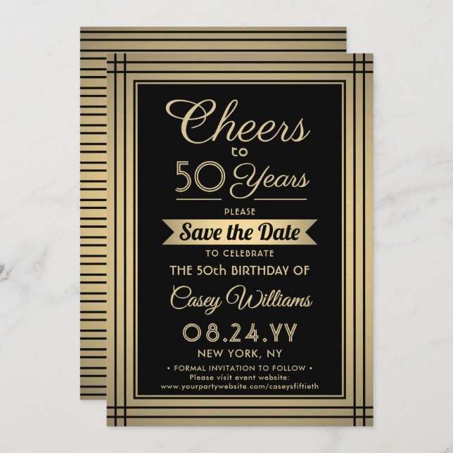 ANY Birthday Cheers Elegant Classic Black and Gold Save The Date (Front/Back)