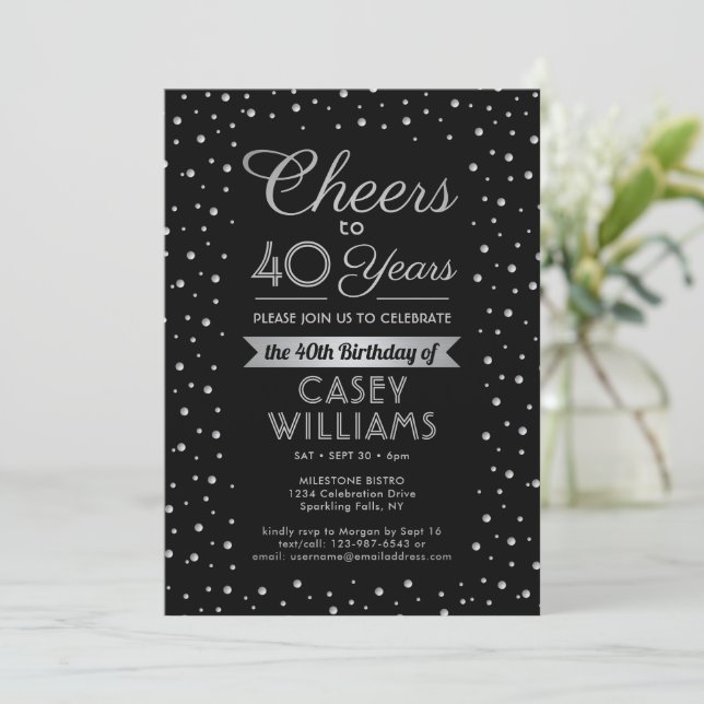 ANY Birthday Cheers Elegant Confetti Black Invitation (Standing Front)