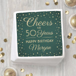 ANY Birthday Cheers Elegant Green and Gold Glitter Napkin<br><div class="desc">Add an elegant personalised touch to birthday party decorations with these custom green and gold paper napkins. Design features modern script calligraphy customisable "Cheers to 50 Years" and gold faux glitter confetti dots on a green background. Please note that text is printed colour, not metallic foil. This template is set...</div>