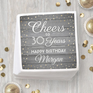 ANY Birthday Cheers Gray Wood & Gold Glitter Party Napkin
