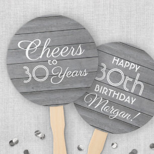 ANY Birthday Cheers Grey Rustic Faux Wood Round Hand Fan