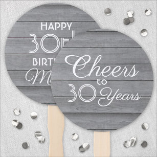 ANY Birthday Cheers Grey Rustic Faux Wood Round Hand Fan