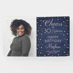ANY Birthday Cheers Navy and Pink Confetti 1 Photo Banner