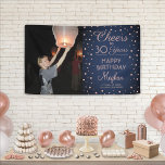 ANY Birthday Cheers Navy and Pink Confetti 1 Photo Banner<br><div class="desc">Celebrate a happy milestone birthday with a custom photo navy and pink party banner. Design features an image of your choice, modern script calligraphy customisable "Cheers to 30 Years" and rose gold faux foil confetti dots on a navy blue background. Please note that text is printed colour, not metallic foil....</div>