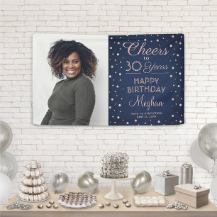 ANY Birthday Cheers Navy and Pink Confetti 1 Photo Banner