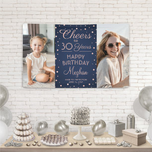 ANY Birthday Cheers Navy and Pink Confetti 2 Photo Banner
