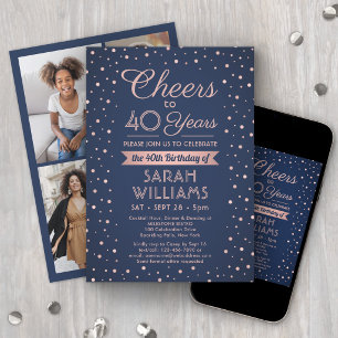 ANY Birthday Cheers Navy and Pink Confetti 4 Photo Invitation