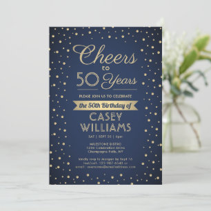 ANY Birthday Cheers Navy Blue and Gold Confetti Invitation