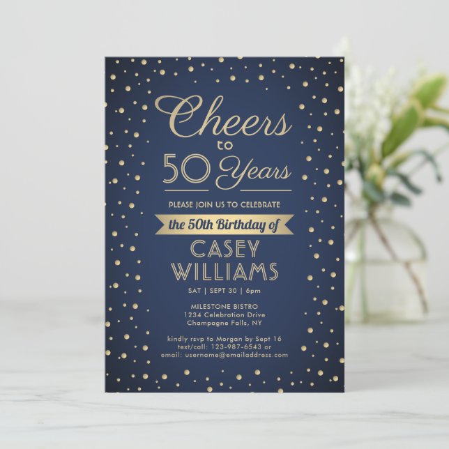ANY Birthday Cheers Navy Blue and Gold Confetti Invitation (Standing Front)
