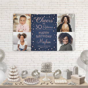 ANY Birthday Cheers Navy Blue and Pink 4 Photo Banner
