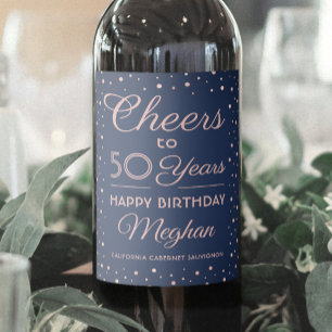 ANY Birthday Cheers Navy Blue and Pink Confetti Wine Label