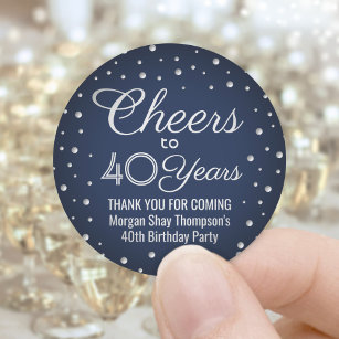 ANY Birthday Cheers Navy Blue and Silver Confetti Classic Round Sticker
