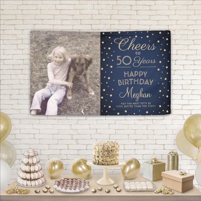 ANY Birthday Cheers Navy Blue Gold Confetti Photo Banner (Creator Uploaded)