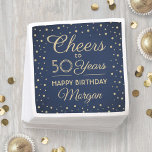 ANY Birthday Cheers Navy Blue & Gold Glitter Party Napkin<br><div class="desc">Add an elegant personalised touch to birthday party decorations with custom navy blue and gold paper napkins. Design features modern script calligraphy customisable "Cheers to 50 Years" and gold faux glitter confetti dots on a navy blue background. Please note that text is printed colour, not metallic foil. This template is...</div>