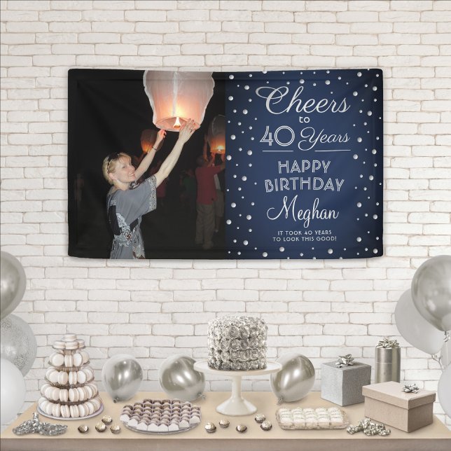 ANY Birthday Cheers Navy & Silver Confetti 1 Photo Banner (Creator Uploaded)