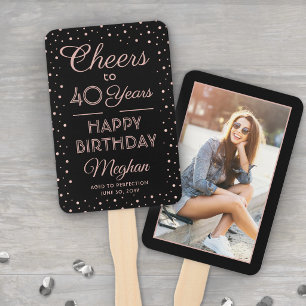 ANY Birthday Cheers Pink Confetti and Photo Black Hand Fan