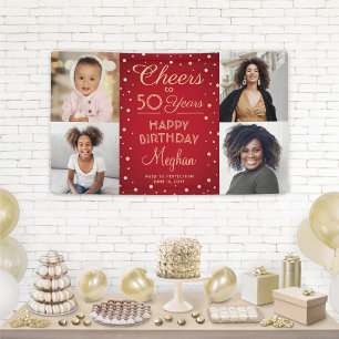 ANY Birthday Cheers Red and Gold Confetti 4 Photo Banner