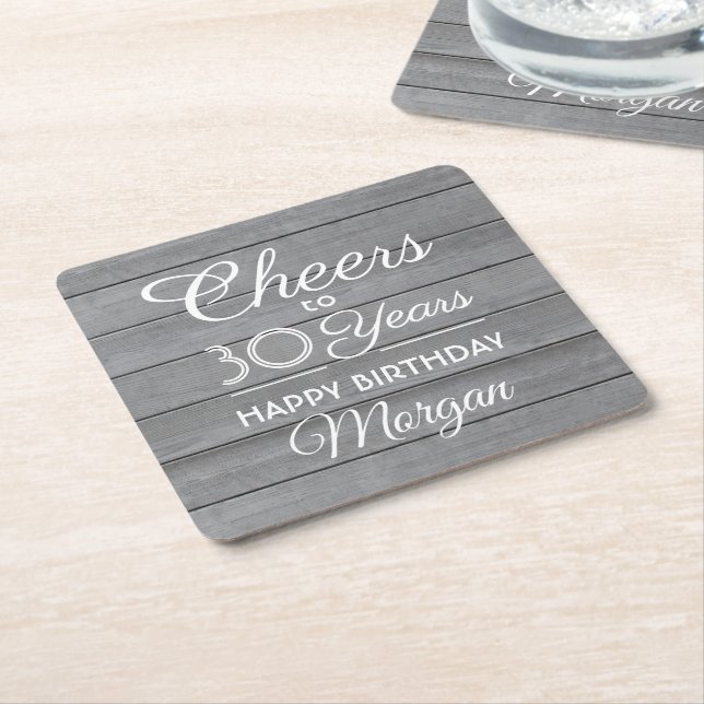 ANY Birthday Cheers Rustic Wood Elegant Gray White Square Paper Coaster (Angled)