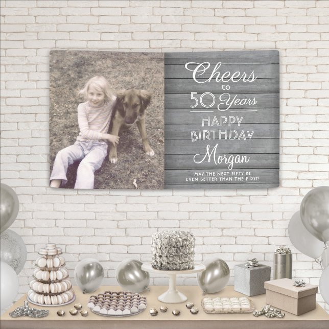 ANY Birthday Cheers Rustic Wood Grey White 1 Photo Banner (Creator Uploaded)