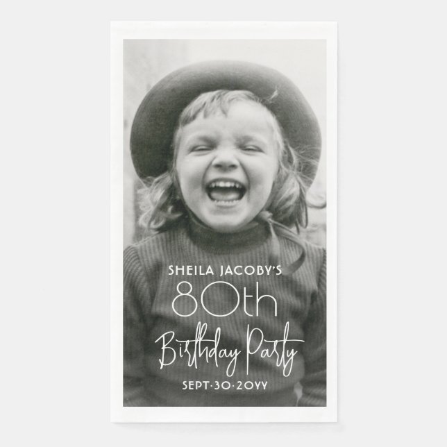 ANY Birthday Chic White Typography & Photo Party Napkin (Front)