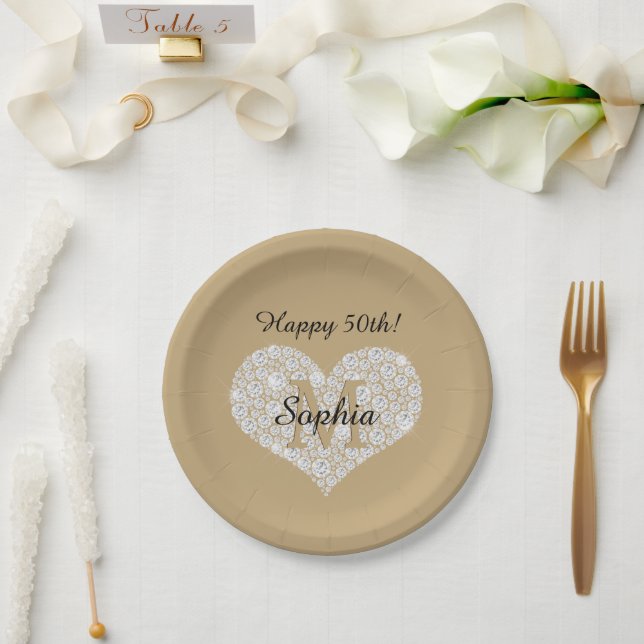 Any Birthday, Diamond Heart, Gold Monogram, Name Paper Plate (Wedding)