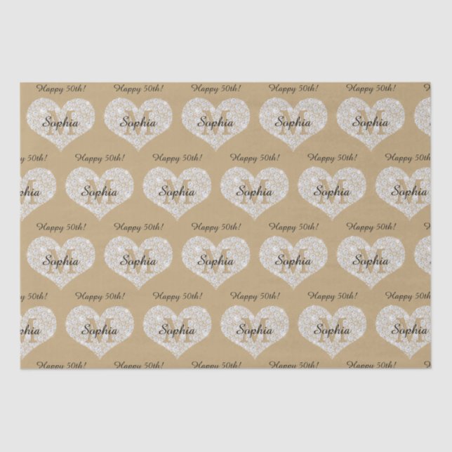 Any Birthday, Diamond Heart, Gold Monogram, Name Tissue Paper (Front)