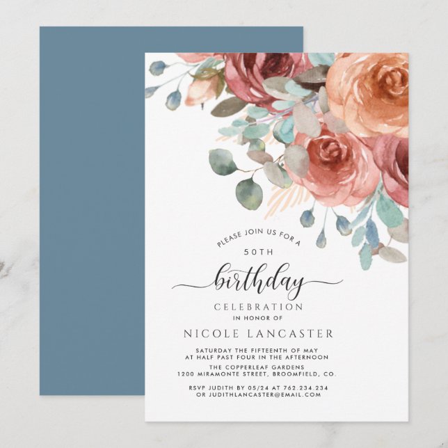 Any Birthday, Elegant, Dusty Blue and Blush Floral Invitation (Front/Back)