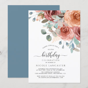 Any Birthday, Elegant, Dusty Blue and Blush Floral Invitation