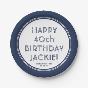 ANY Birthday Modern Navy Blue & White Party Paper Plate