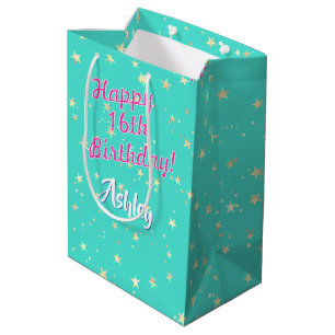 Any Birthday, Name, Gold Stars on Teal Medium Gift Bag