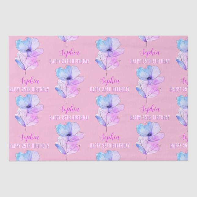 Any Birthday, Name, Pink & Blue Watercolor Flower  Tissue Paper (Front)