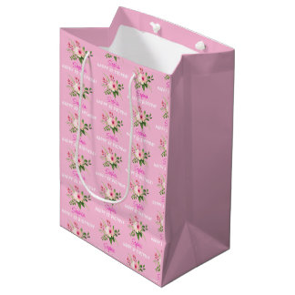 Any Birthday, Name, Pink Watercolor Flower Medium Gift Bag