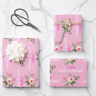 Any Birthday, Name, Pink Watercolor Flower Wrapping Paper Sheet